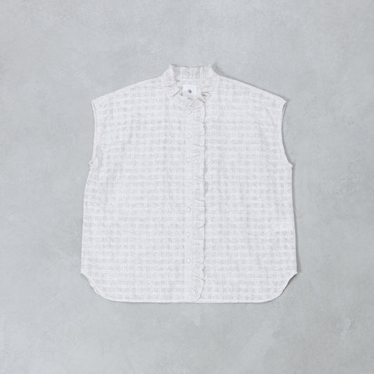 maison de soil POWER LOOM COTTON DOBIE CHECK FLOWER HAND SCREEN PRINT FRENCH/SL FRILL COLLAR SHIRTS / INMDS26092