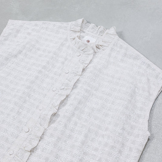 maison de soil POWER LOOM COTTON DOBIE CHECK FLOWER HAND SCREEN PRINT FRENCH/SL FRILL COLLAR SHIRTS / INMDS26092