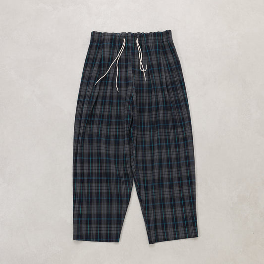 sillage circular pleats pants deadstock watahiko tex navy plaid / SL25FW-CLPLDSW-NVCH