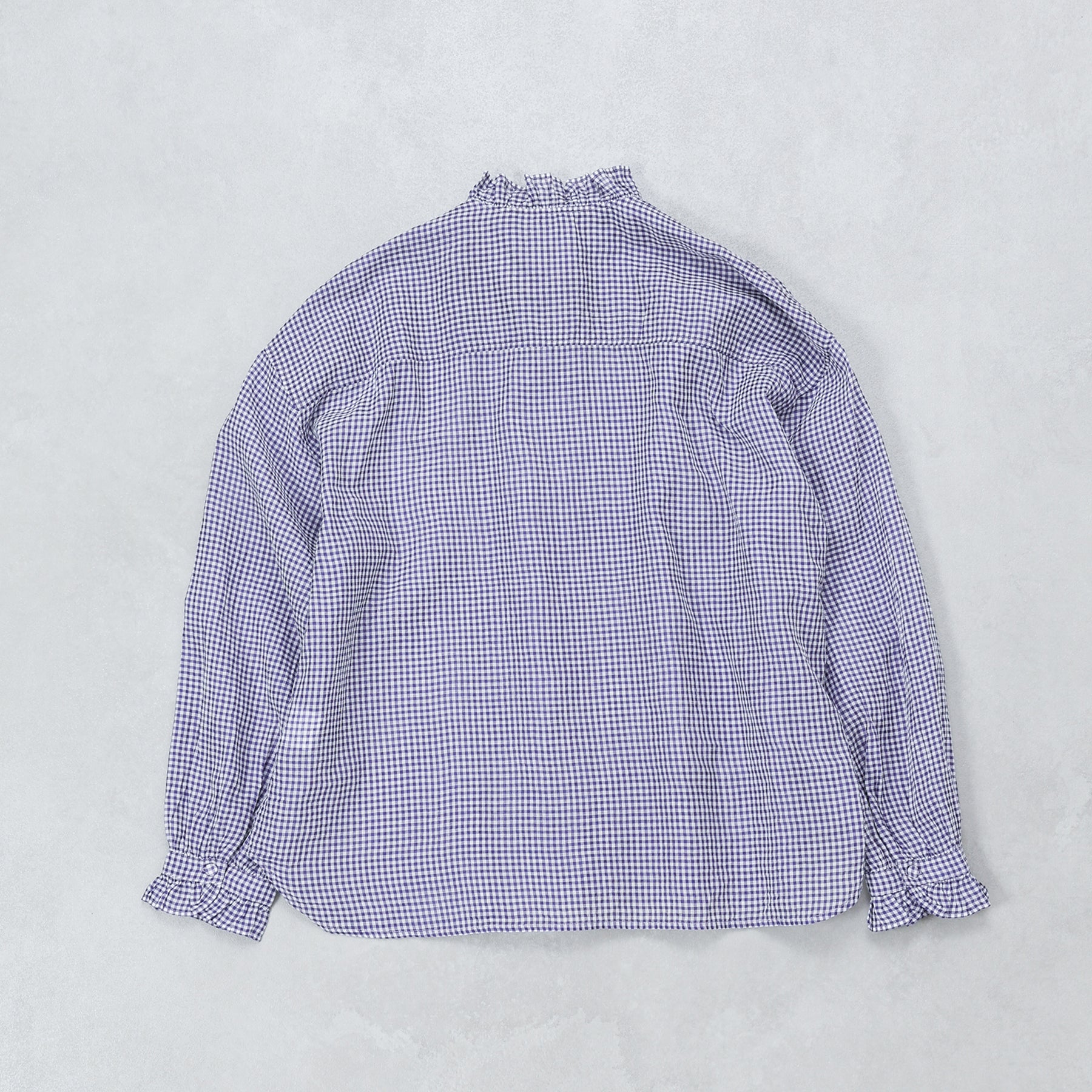 maison de soil HANDWOVEN COTTON/SILK GINGHAM CHECK FRILL COLLAR LONG SHIRT / NMDS26021