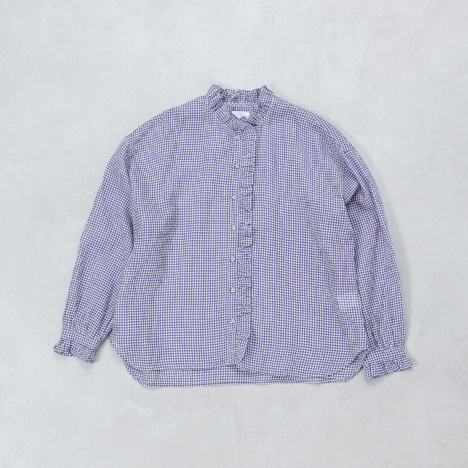 maison de soil HANDWOVEN COTTON/SILK GINGHAM CHECK FRILL COLLAR LONG SHIRT / NMDS26021