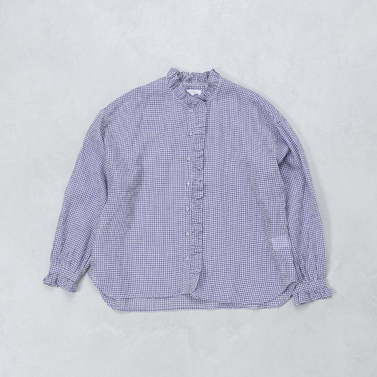 maison de soil HANDWOVEN COTTON/SILK GINGHAM CHECK FRILL COLLAR LONG SHIRT / NMDS26021
