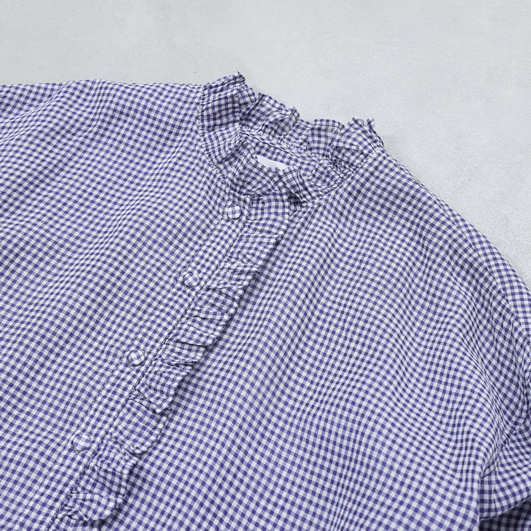maison de soil HANDWOVEN COTTON/SILK GINGHAM CHECK FRILL COLLAR LONG SHIRT / NMDS26021