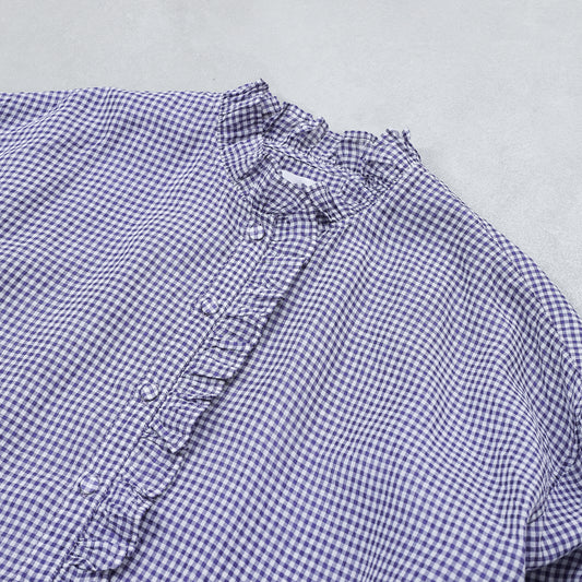 maison de soil HANDWOVEN COTTON/SILK GINGHAM CHECK FRILL COLLAR LONG SHIRT / NMDS26021