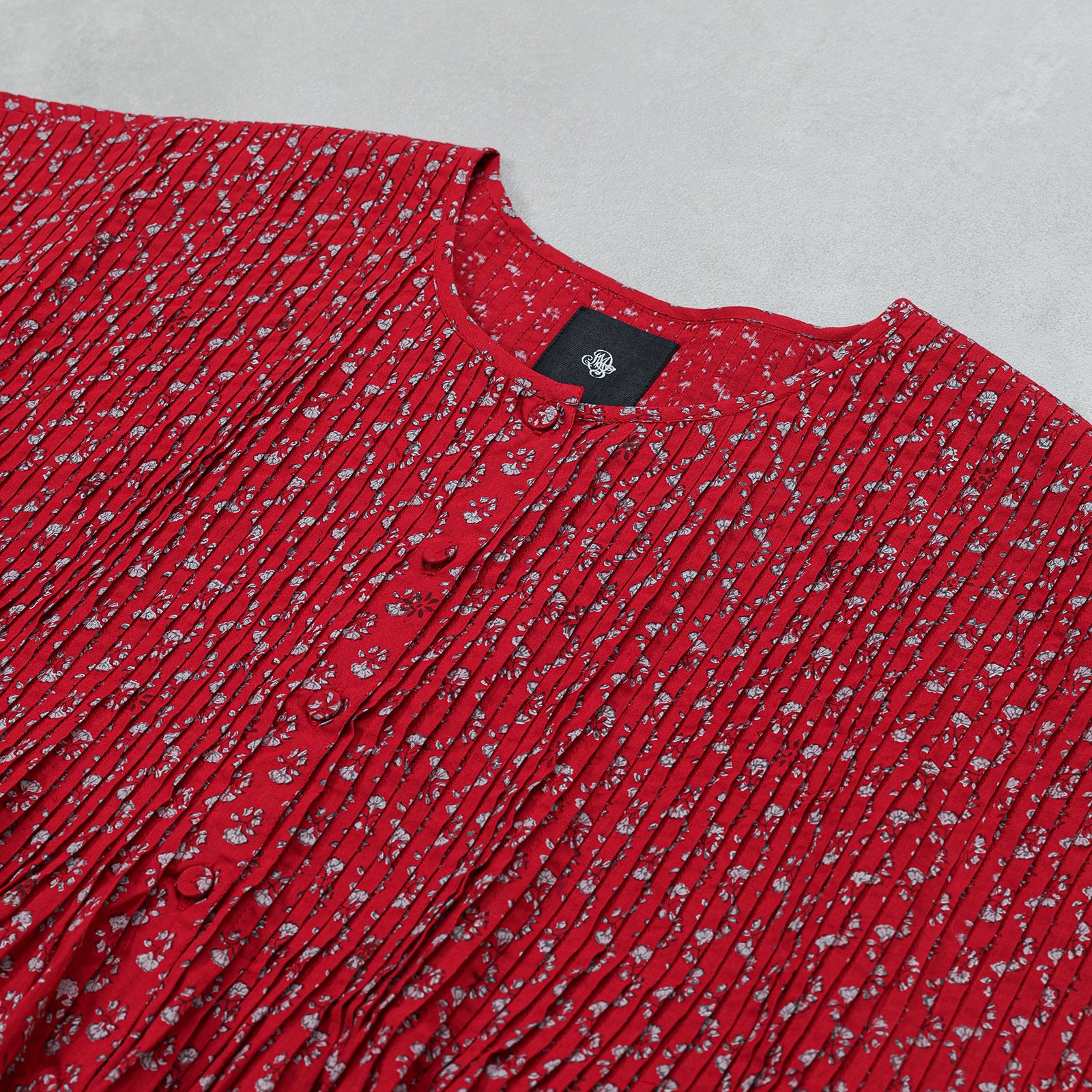 maison de soil 80s VOILE SMALL GENTIANA BLOCK PRINT CREW-NECK BUTTON F/SLEEVE SHIRT WITH PINTUCK / NMDS26252 (コピー)