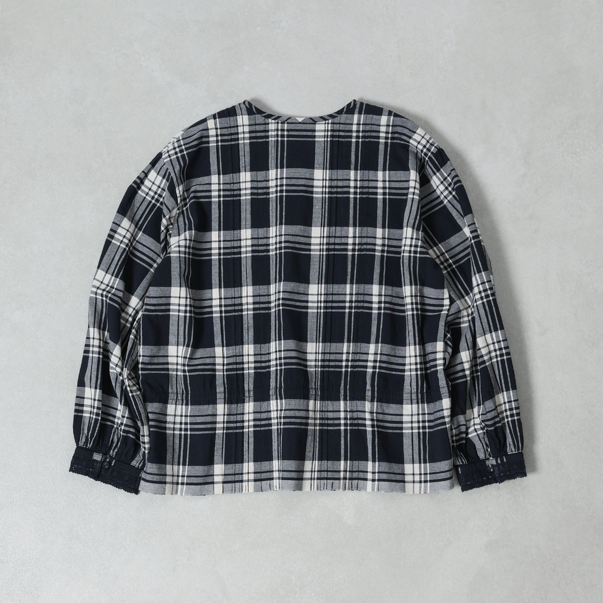 maison de soil HANDWOVEN HEAVY COTTON UNIQUE GINGHAM CHECK FRILL&PINTUCK SHIRTS WITH LACE / INMDS26742