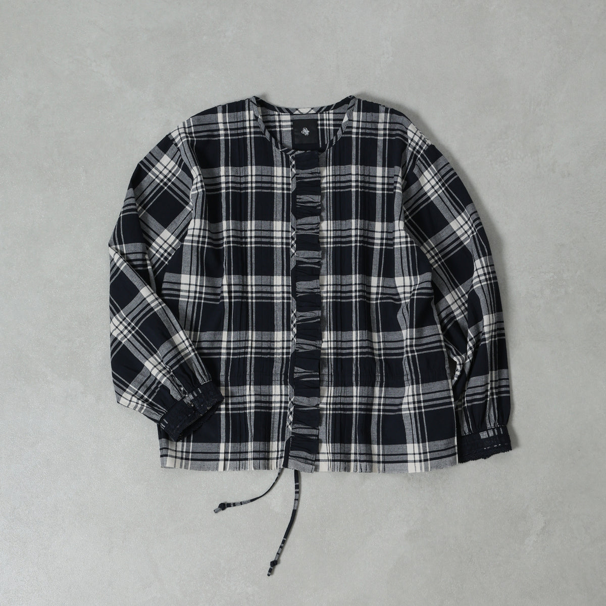 maison de soil HANDWOVEN HEAVY COTTON UNIQUE GINGHAM CHECK FRILL&PINTUCK SHIRTS WITH LACE / INMDS26742