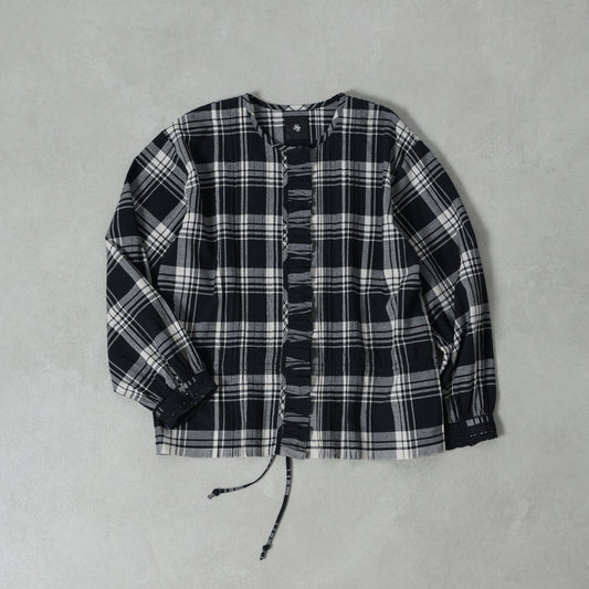 maison de soil HANDWOVEN HEAVY COTTON UNIQUE GINGHAM CHECK FRILL&PINTUCK SHIRTS WITH LACE / INMDS26742