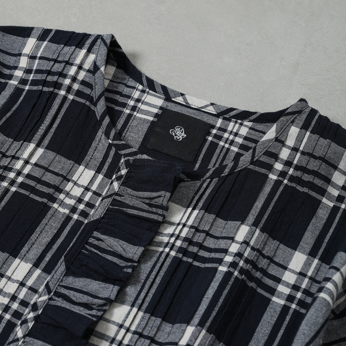 maison de soil HANDWOVEN HEAVY COTTON UNIQUE GINGHAM CHECK FRILL&PINTUCK SHIRTS WITH LACE / INMDS26742