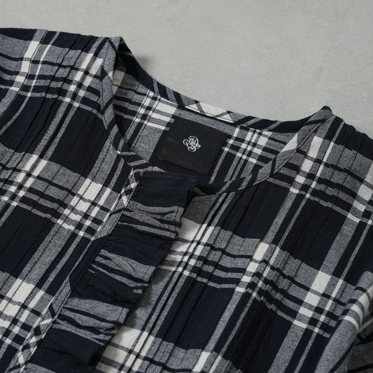 maison de soil HANDWOVEN HEAVY COTTON UNIQUE GINGHAM CHECK FRILL&PINTUCK SHIRTS WITH LACE / INMDS26742
